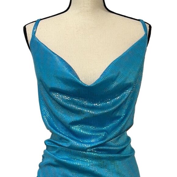 FTF Crowl Neck Ruched Iridescent Asymmetrical Dress - Picture 6 of 15